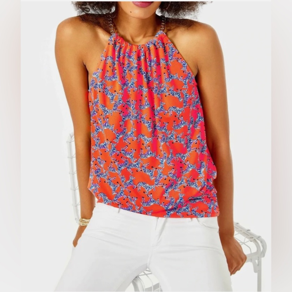 NWT Lilly Pulitzer Bowen Halter Top - Picante Coral Heebee Zeebees - XL